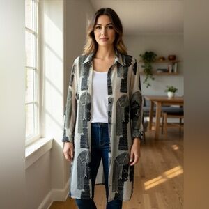 Vintage. Elegant Black and Gray Women's Graphic Coat